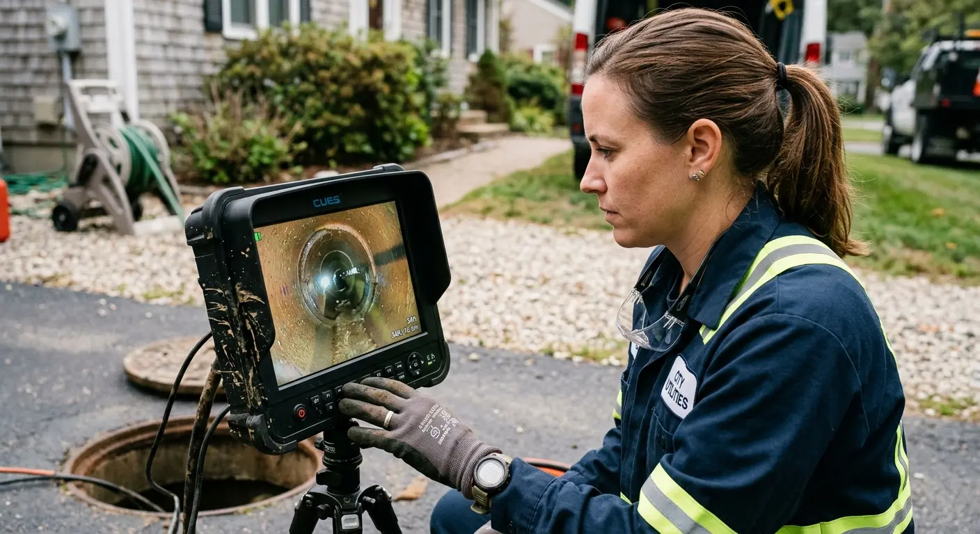 Technician reviewing sewer camera inspection footage in Glasgow