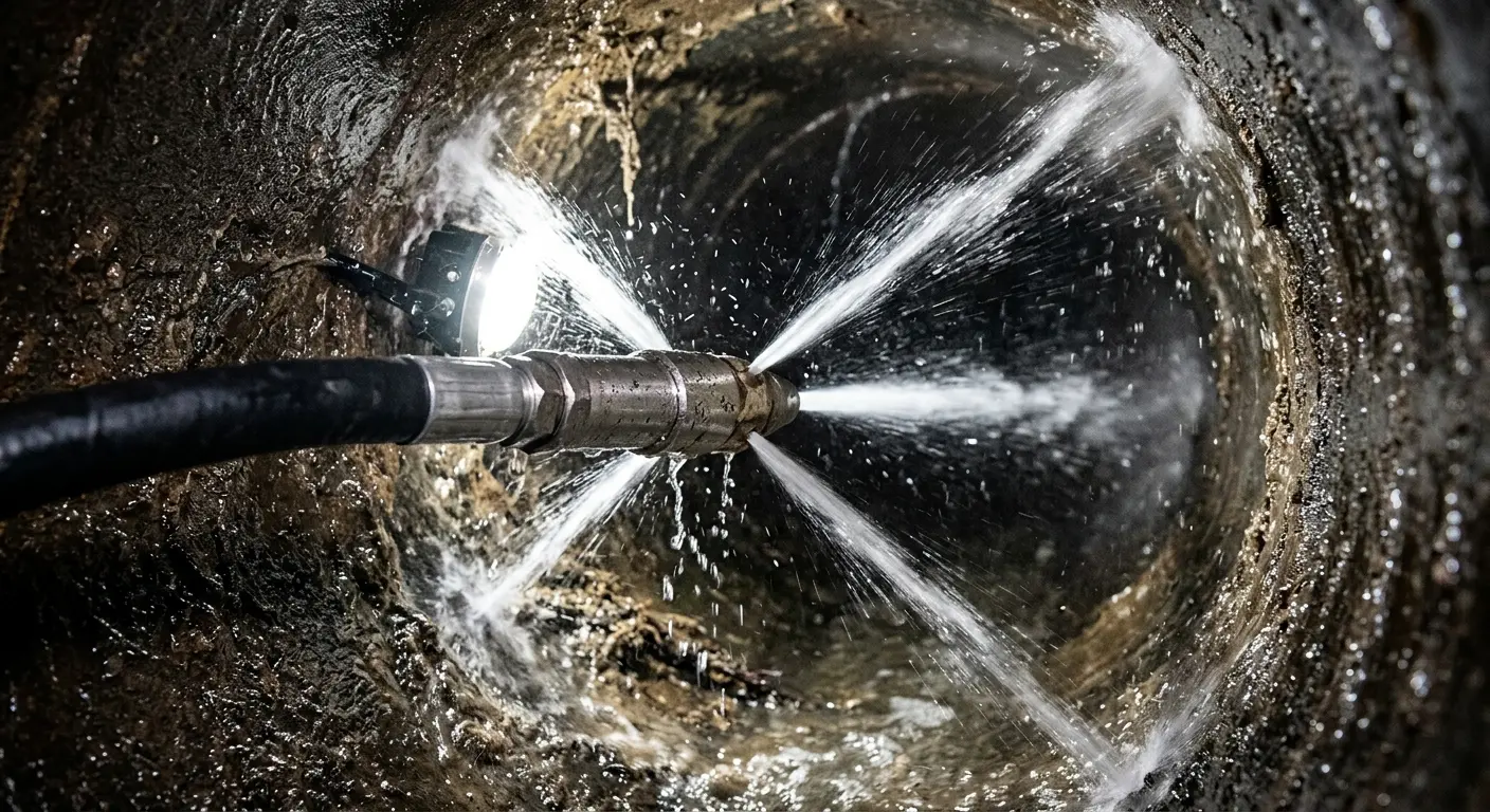 High-pressure hydro jetting nozzle cleaning sewer pipe for Emergency Drain Service in Glasgow