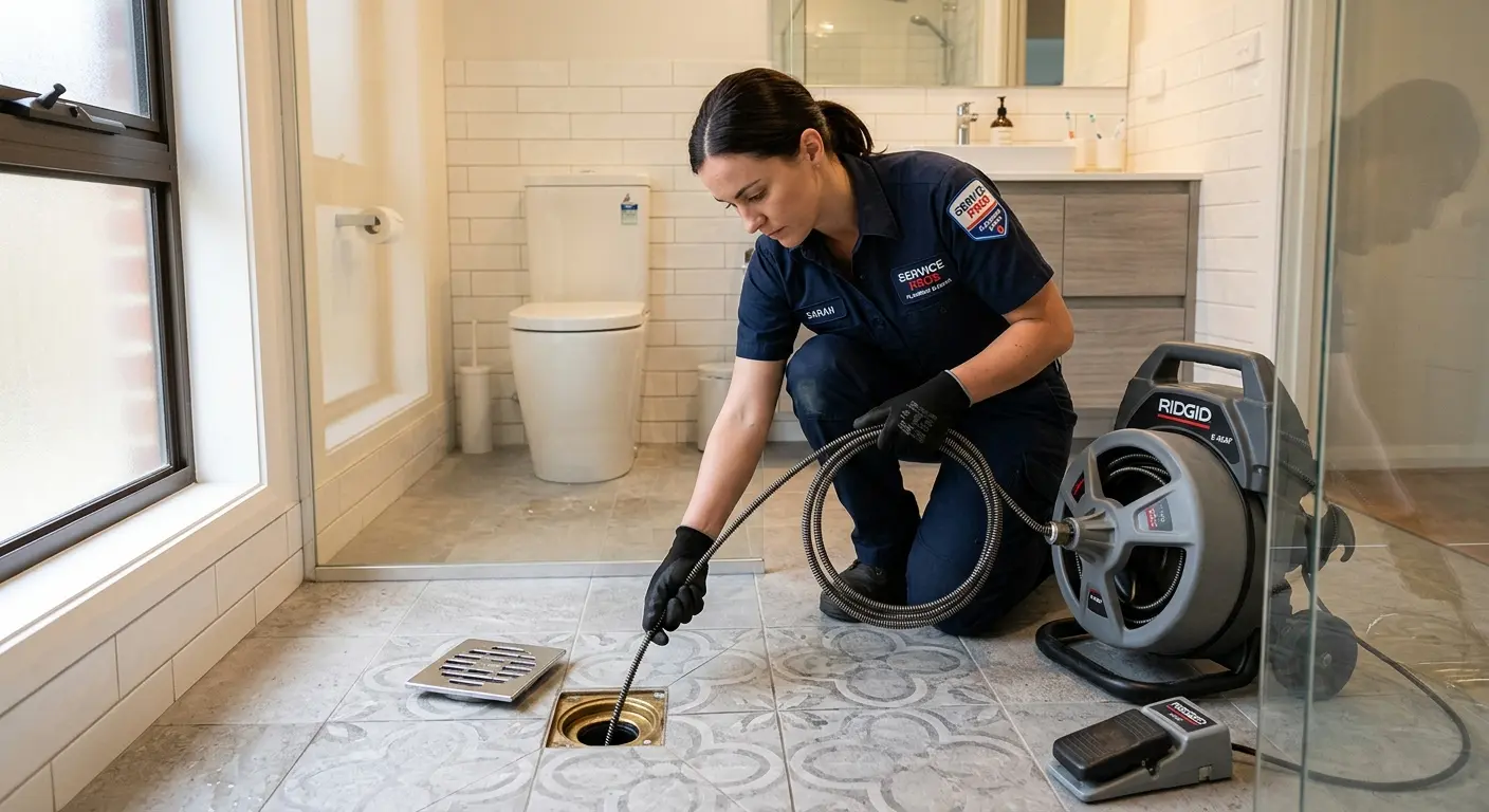 Technician clearing a bathroom floor drain for Drain Repair in Glasgow